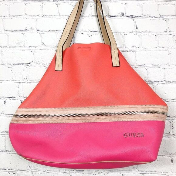 Guess Colorblock Pink Orange Faux Leather Zipper Tote Bag - Picture 3 of 9